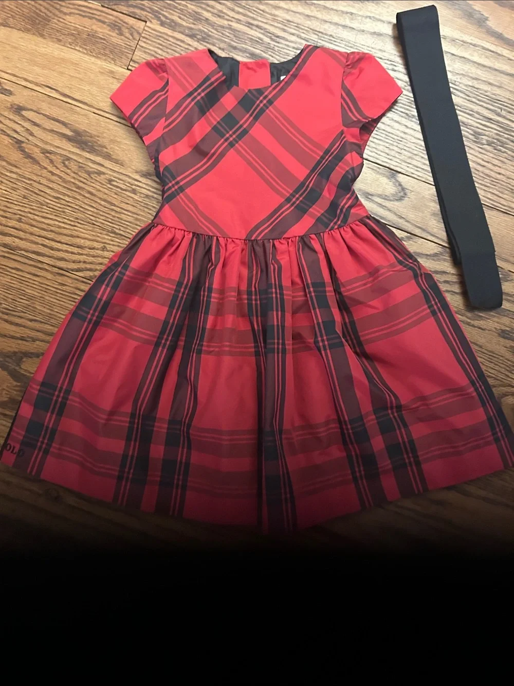 Ralph Lauren Red and Black Plaid Fit-and-Flare Dress with Black Ribbon Waistband